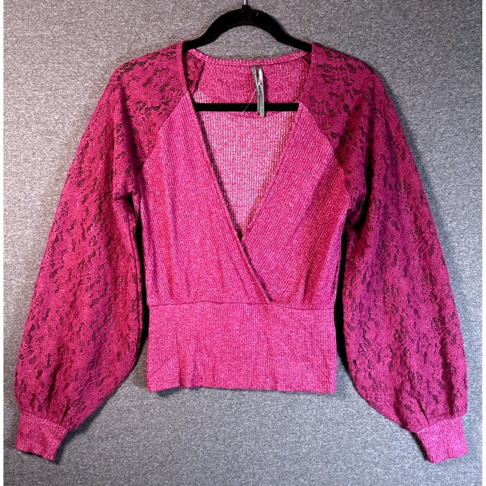 Anthropologie Magenta Pink Lace Balloon Sleeve Surplice Wrap Knit Top Small Boho